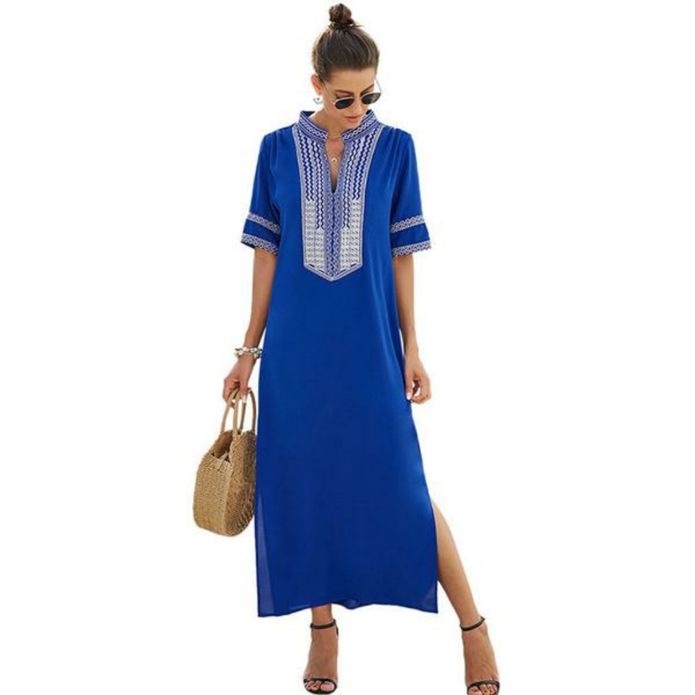 Blue Embroidered Maxi Dress Side Split Size Large